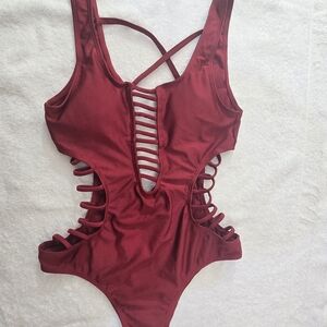 Revamped by Sirens Burgundy Cut-Out Bodysuit / Swimsuit – XS New Without Tags